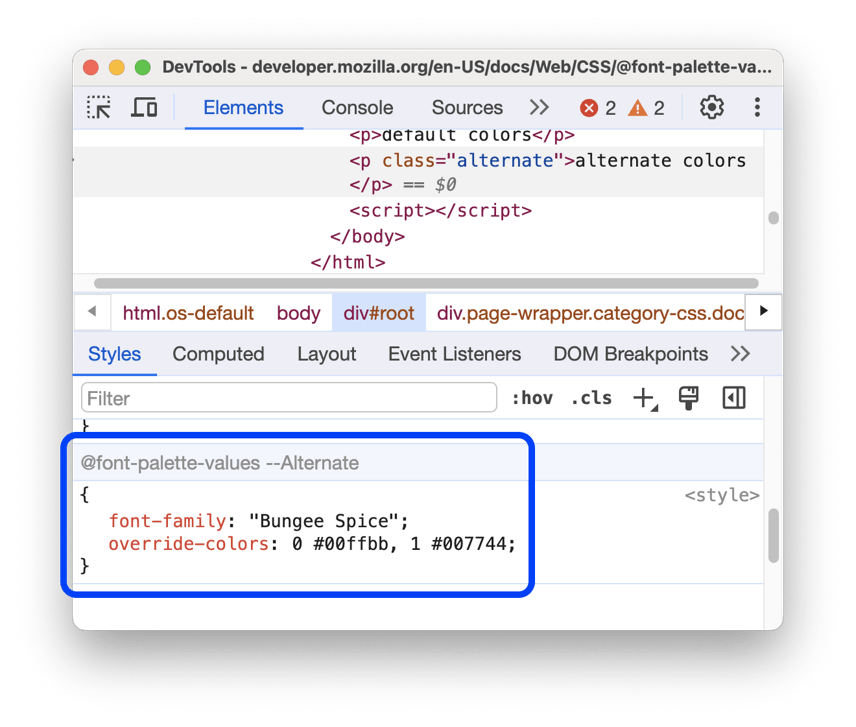 DevTools: @font-palette-values