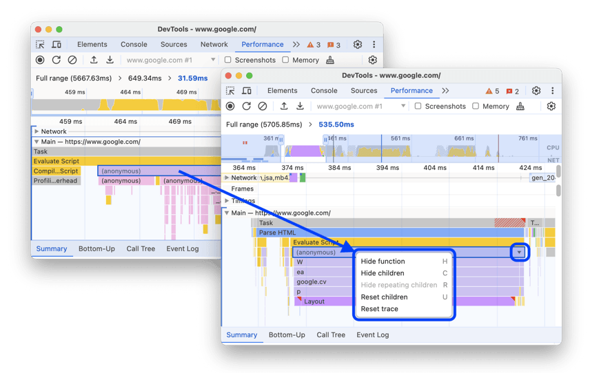 DevTools: Hide functions and their children in the flame chart